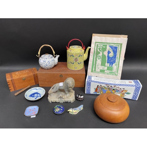 173 - Selection of Asian items, pillow alabaster lion, teapots, enamel ware, approx 33cm L and smaller