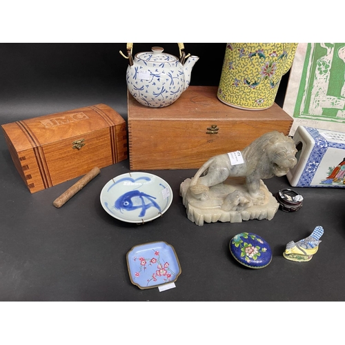 173 - Selection of Asian items, pillow alabaster lion, teapots, enamel ware, approx 33cm L and smaller
