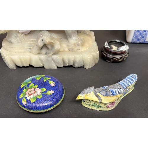 173 - Selection of Asian items, pillow alabaster lion, teapots, enamel ware, approx 33cm L and smaller