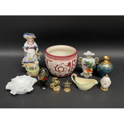 175 - Assortment to include, horse, milk glass dish jardiniere, antique figure group and a vase, approx 24... 