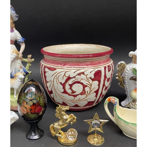 175 - Assortment to include, horse, milk glass dish jardiniere, antique figure group and a vase, approx 24... 