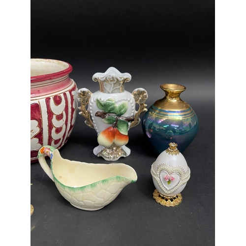 175 - Assortment to include, horse, milk glass dish jardiniere, antique figure group and a vase, approx 24... 