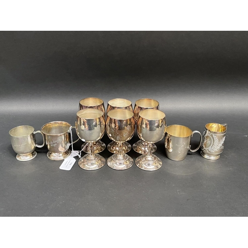 176 - Set of six silver plate goblets and four christening mugs, approx 13cm H and smaller (10)