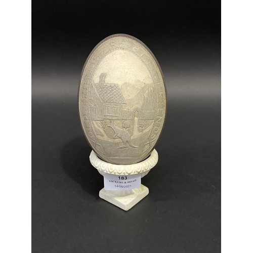 183 - Antique Australian carved cameo emu egg, Kangaroo in a house yard, engraved surround Old Friends are... 