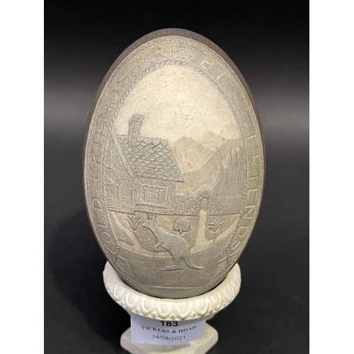 183 - Antique Australian carved cameo emu egg, Kangaroo in a house yard, engraved surround Old Friends are... 