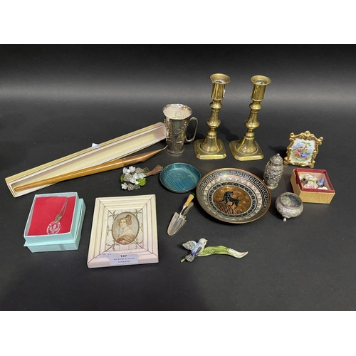 187 - Assortment of estate smalls, antique brass sticks, Asian silver measures, miniature etc, approx 16cm... 