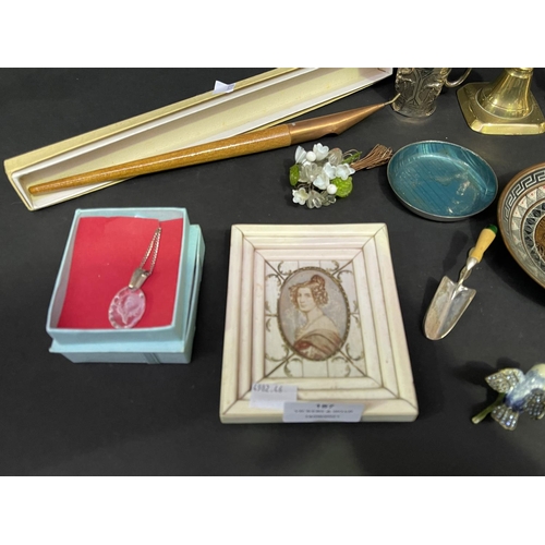 187 - Assortment of estate smalls, antique brass sticks, Asian silver measures, miniature etc, approx 16cm... 