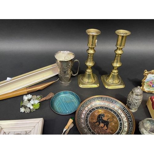 187 - Assortment of estate smalls, antique brass sticks, Asian silver measures, miniature etc, approx 16cm... 