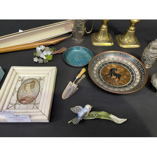 187 - Assortment of estate smalls, antique brass sticks, Asian silver measures, miniature etc, approx 16cm... 