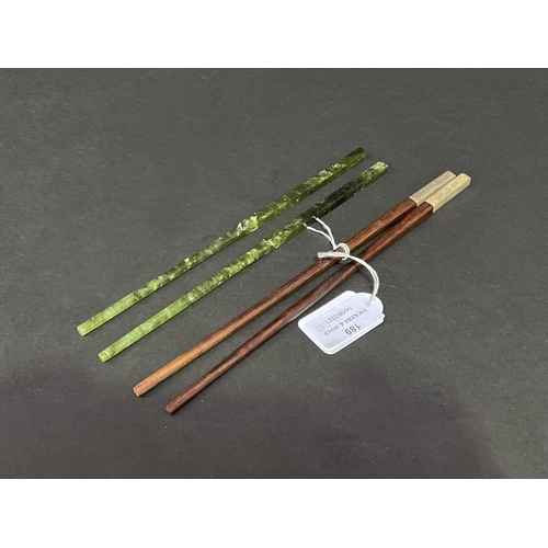 189 - Two pairs of chop sticks, one pair of jade the other silver mounted rosewood, approx 24cm long and s... 