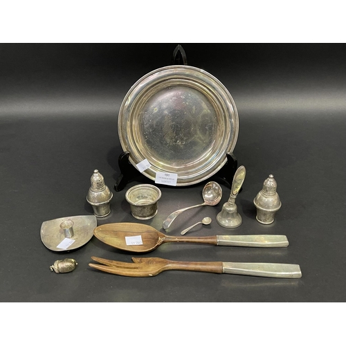 191 - Good Selection of sterling silver estate items, to include a sterling plate, pepper pots, ladle etc,... 