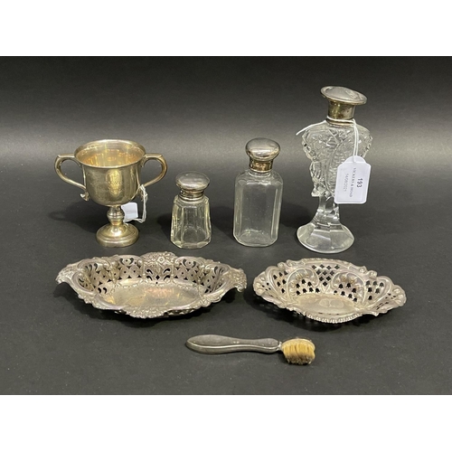 193 - Selection of antique and later sterling silver items, dishes, perfumes, cup etc, approx 14cm H and s... 