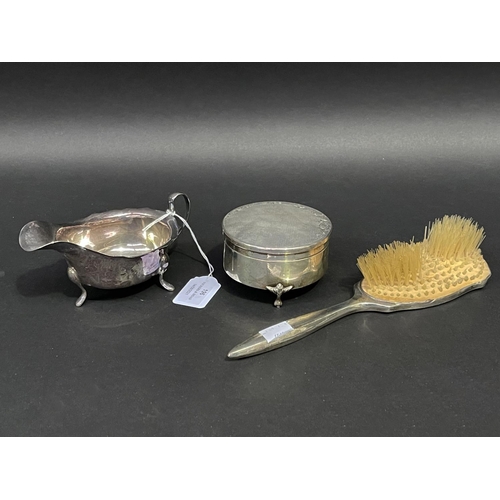 196 - Antique and later sterling silver items, trinket box, sauce boat, hair brush, approx 25cm L and smal... 