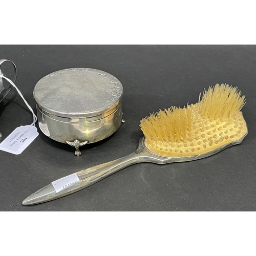 196 - Antique and later sterling silver items, trinket box, sauce boat, hair brush, approx 25cm L and smal... 