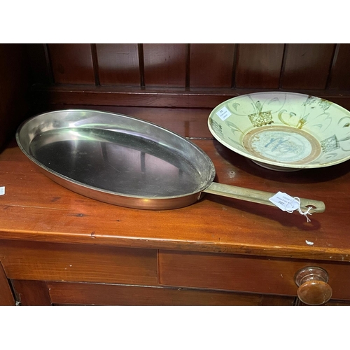 209 - Large oval copper fry pan, approx 59cm Long including handle