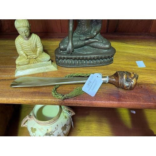 214 - Shoe horn with netsuke finial along with two Buddha's. One Indian and the other made from soap stone... 