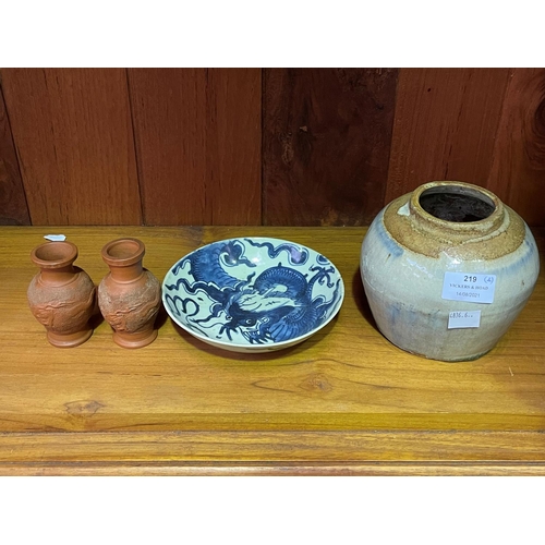 219 - Antique Chinese Ming dynasty small blue & white bowl, along with a glazed pottery ginger jar, and pa... 