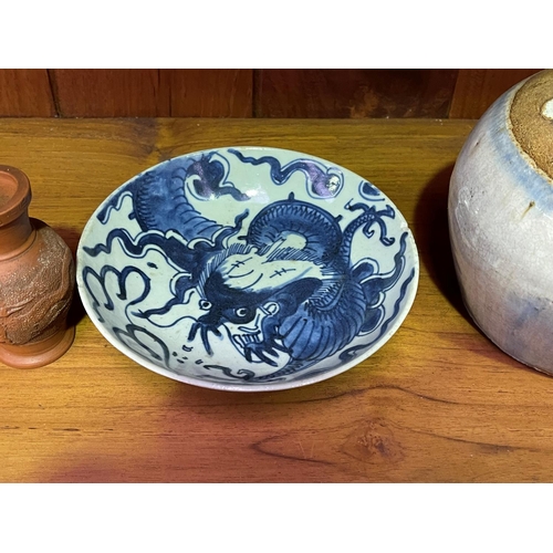 219 - Antique Chinese Ming dynasty small blue & white bowl, along with a glazed pottery ginger jar, and pa... 