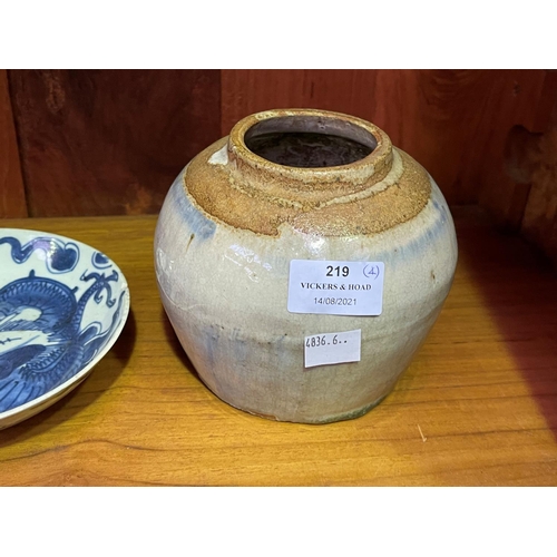 219 - Antique Chinese Ming dynasty small blue & white bowl, along with a glazed pottery ginger jar, and pa... 