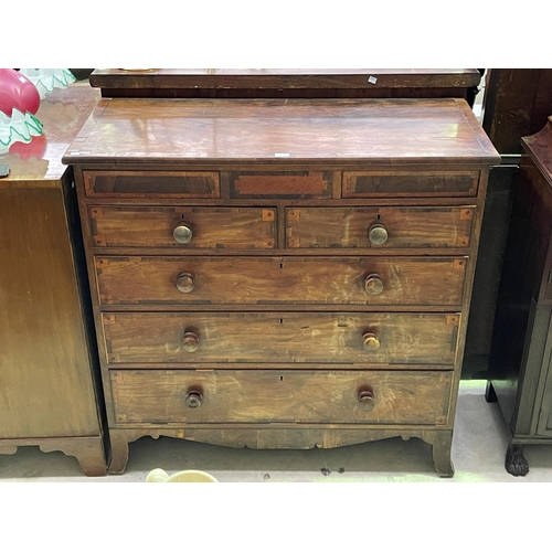 231 - Antique English mahogany and rosewood seven drawer George III chest with wooden knobs on splayed leg... 