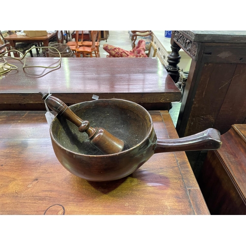 232 - Antique English turned wood bowl with side handle along with a turned wood pedestal, approx 25cm Dia... 