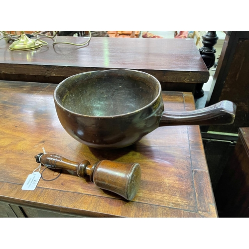 232 - Antique English turned wood bowl with side handle along with a turned wood pedestal, approx 25cm Dia... 