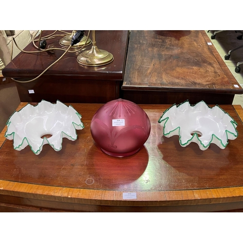 234 - Two milk glass light shades and a maroon example, approx 20cm H and smaller (3)