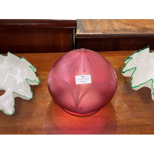 234 - Two milk glass light shades and a maroon example, approx 20cm H and smaller (3)