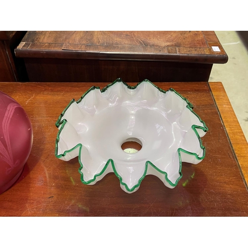 234 - Two milk glass light shades and a maroon example, approx 20cm H and smaller (3)