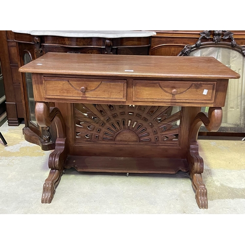 237 - Interesting carved wood Console, likely Asian made, approx 75cm H x 100cm W x 49cm D