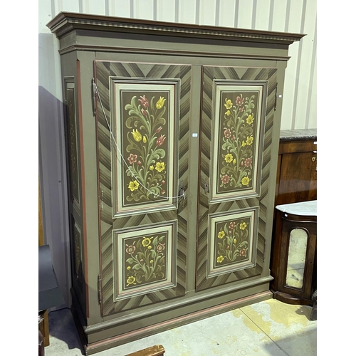 238 - Large antique Swiss painted two door armoire, approx 223cm H x 178cm W x 63cm D