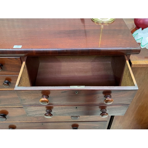 249 - Antique Australian cedar five drawer chest with key on turned feet, approx 125cm W x 120cm H