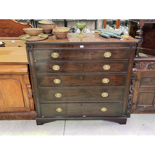 253 - Late Georgian Mahogany chest of five drawers with panelled fascia and corner roundels all on bracket... 