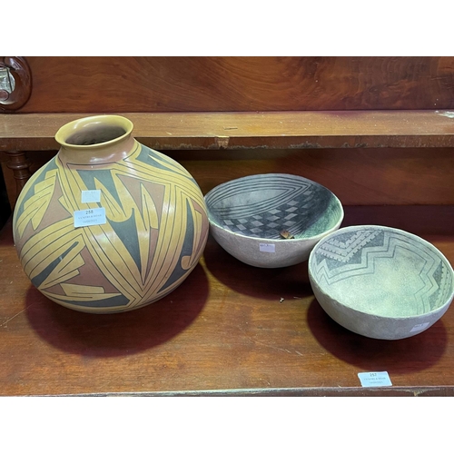 258 - Two small American Indian pots & other of ball form pot (hair line crack to the large pot), approx 2... 