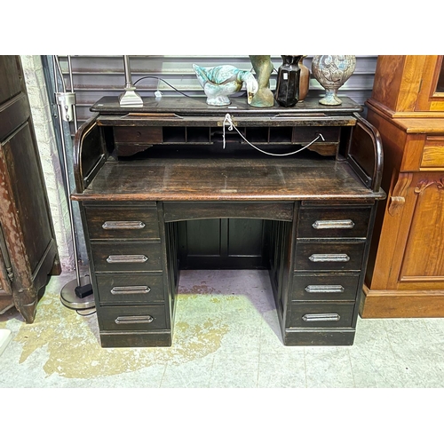 263 - Vintage Oak roll top twin pedestal desk, approx 100cm H x 122cm W x 68cm D