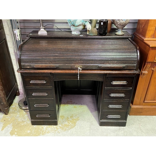 263 - Vintage Oak roll top twin pedestal desk, approx 100cm H x 122cm W x 68cm D