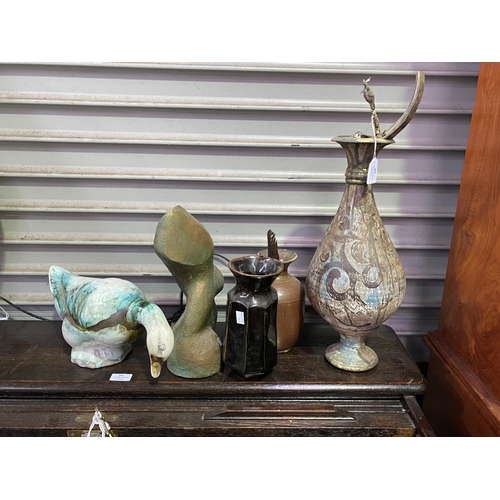 264 - Antique style jug, modern sculpture, duck and vases, approx 44cm H and less