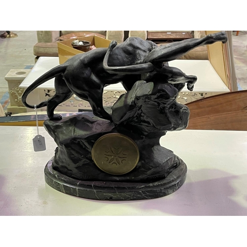 269 - French patinated spelter fighting tiger clock on marble base, with pendulum and key, approx 37cm H x... 