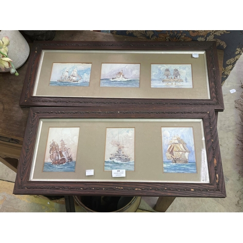 289 - Artist unknown-six framed watercolours of various vintage Naval ships, approx 15cm x 9cm each pictur... 