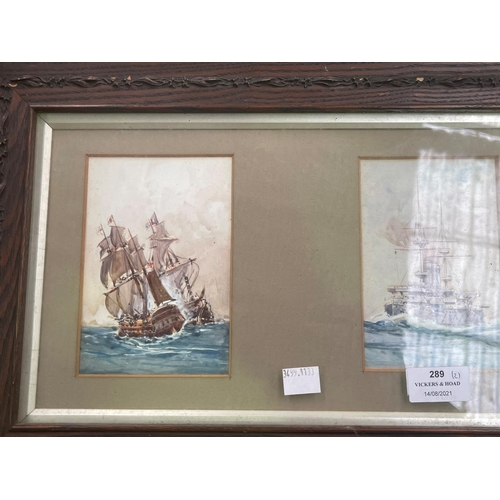 289 - Artist unknown-six framed watercolours of various vintage Naval ships, approx 15cm x 9cm each pictur... 