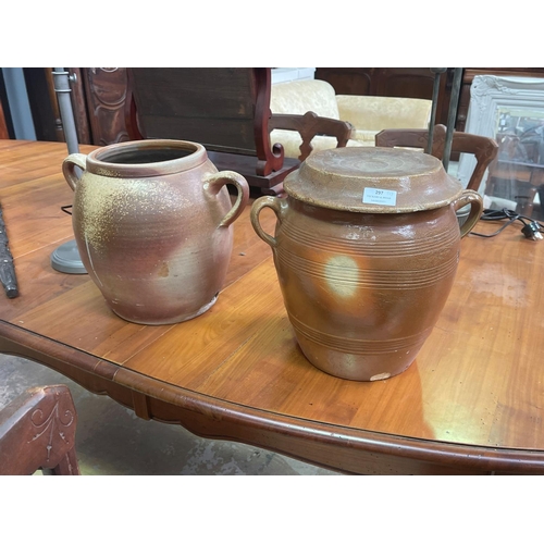 297 - Two antique French stoneware pots, one with lid each approx 30cm H x 35cm Dia (inc handles) (2)