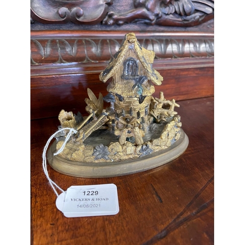 1229 - Antique French novelty cast brass water mill inkstand of oval shape, approx 11cm H x 15cm W