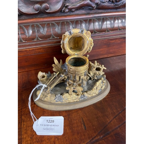 1229 - Antique French novelty cast brass water mill inkstand of oval shape, approx 11cm H x 15cm W