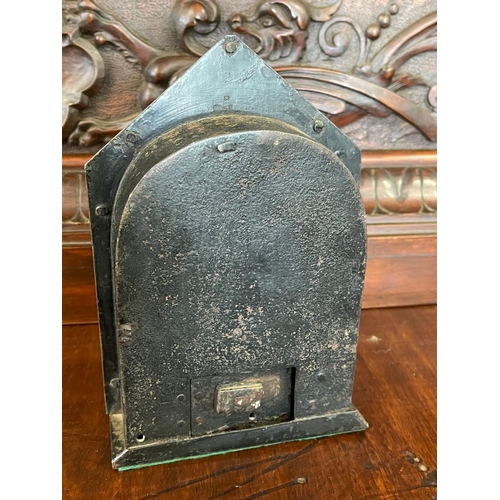 1234 - Antique English  brass and metal money box in the form of a bank, dated 1873, approx 18cm H x 13cm W