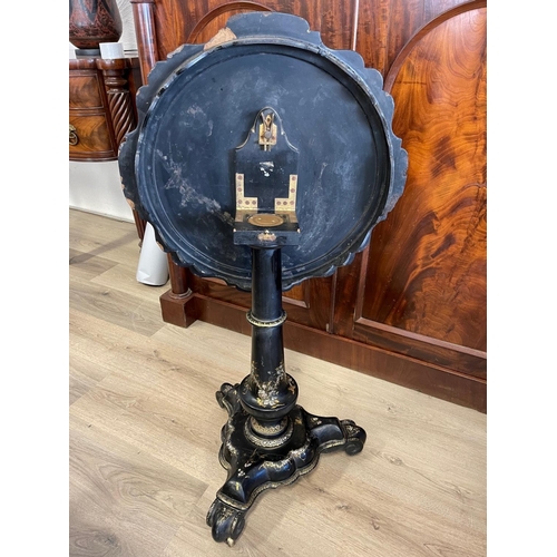 1236 - Antique mid Victorian paper Mache games table, with snap top inlaid with mother of pearl, and painte... 