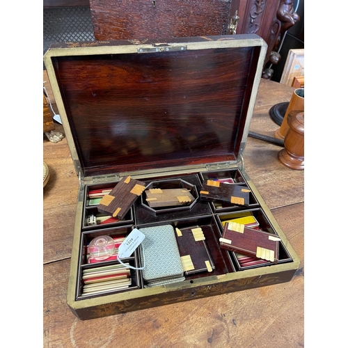 1239 - Antique export lacquer and Chinoiserie decorated games box, with contents, approx 7cm H x 32cm W x 2... 