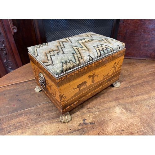 1242 - Antique inlaid rectangular foot stool, with lions mask drop ring handles, all on hairy paw brass fee... 