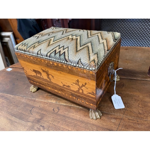 1242 - Antique inlaid rectangular foot stool, with lions mask drop ring handles, all on hairy paw brass fee... 