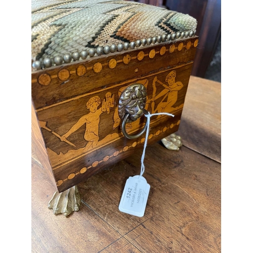 1242 - Antique inlaid rectangular foot stool, with lions mask drop ring handles, all on hairy paw brass fee... 