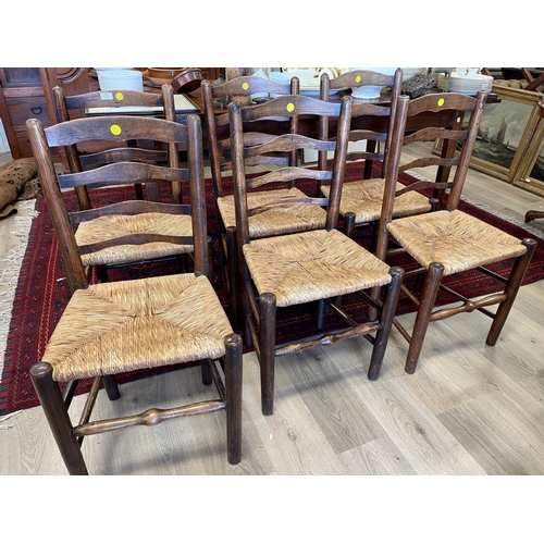 1247 - Set of six matched antique early 19th century English oak and elm ladder back rush seated country ch... 